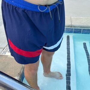 Men's Navy Solaris Colorblock Swim Shorts with Red & White Stripes